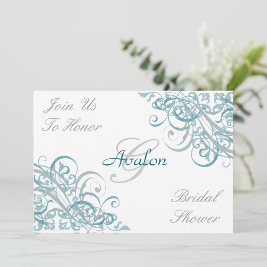 ティール(緑がかった色)バロックスワールブライダルシャワー招待 招待状 (スタンド正面)