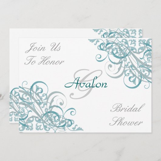 ティール(緑がかった色)バロックスワールブライダルシャワー招待 招待状 (正面/裏面)