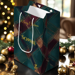 ティール(緑がかった色)、バーガンディ、金ゴールドクロスプレッドクリスマス ミディアムペーパーバッグ