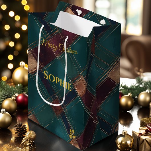 ティール（緑がかった色）、バーガンディ、金ゴールドクロスプレッドクリスマス ミディアムペーパーバッグ
