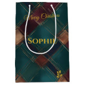 ティール（緑がかった色）、バーガンディ、金ゴールドクロスプレッドクリスマス ミディアムペーパーバッグ (正面)