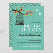ティール(緑がかった色)バードケージフラワーブライダルシャワー招待 招待状 (正面/裏面)