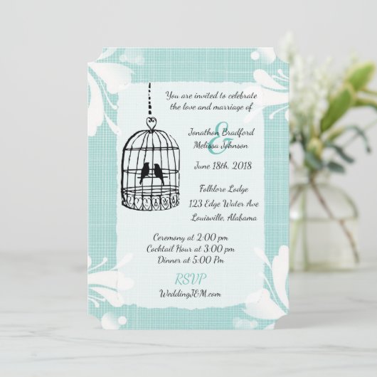 ティール(緑がかった色)バードケージ結婚式招待状 招待状 (スタンド正面)