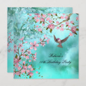 ティール(緑がかった色)バードピンクアジアの花の誕生日パーティー 招待状 (正面/裏面)