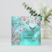 ティール(緑がかった色)バードピンクアジアの花の誕生日パーティー 招待状 (スタンド正面)