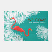 ティール（緑がかった色）バーラップとピンクフラミンゴ ドアマット (正面)