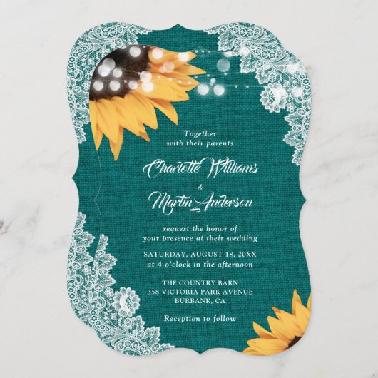 ティール(緑がかった色)バーラップレースサンフラワー結婚式招待状 招待状 (正面/裏面)