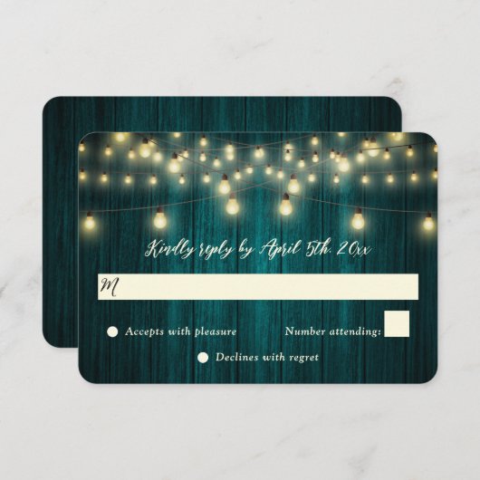 ティール（緑がかった色）バーンウッドストリングライツカントリーウェディング 出欠カード (正面/裏面)