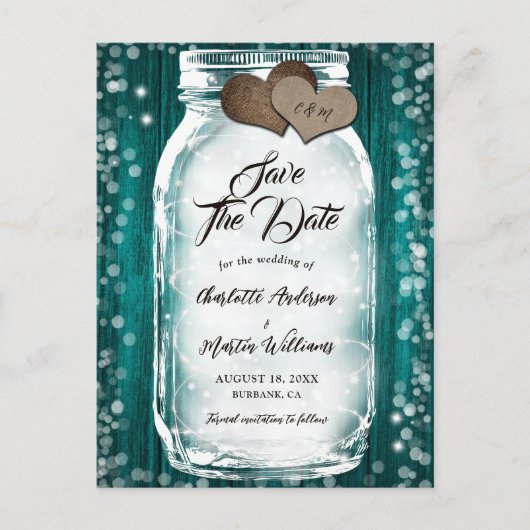 ティール(緑がかった色)バーンウッドストリングライツメイソンジャー結婚ズ 案内ポストカード (正面)