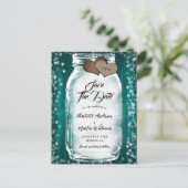 ティール(緑がかった色)バーンウッドストリングライツメイソンジャー結婚ズ 案内ポストカード (スタンド正面)