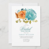 ティール(緑がかった色)バーンオレンジテラコッタフローラブライダルシャワー 招待状 (正面)