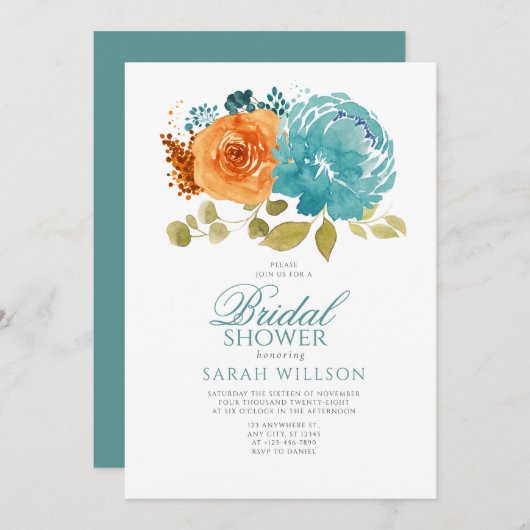 ティール(緑がかった色)バーンオレンジテラコッタフローラブライダルシャワー 招待状 (正面/裏面)