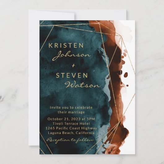 ティール（緑がかった色）&バーントオレンジウォーターカラー結婚式招待状 招待状 (正面)
