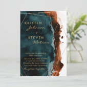ティール（緑がかった色）&バーントオレンジウォーターカラー結婚式招待状 招待状 (スタンド正面)