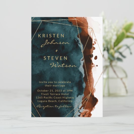 ティール（緑がかった色）&バーントオレンジウォーターカラー結婚式招待状 招待状 (スタンド正面)