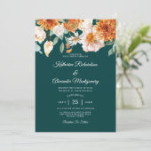 ティール（緑がかった色）バーントオレンジエレガントフローラ秋の結婚式 招待状 (スタンド正面)
