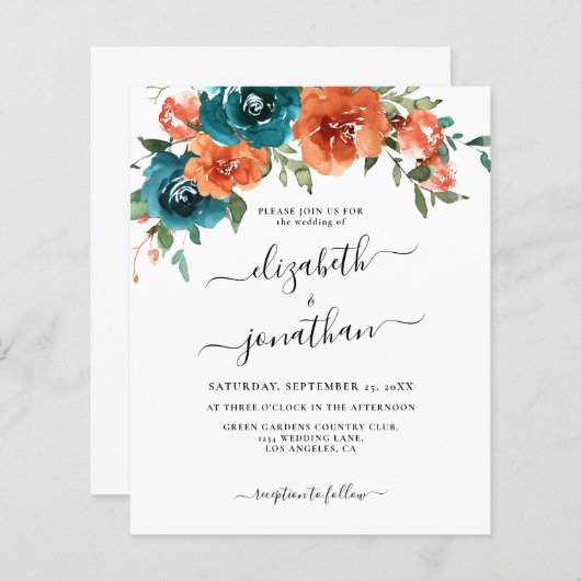 ティール（緑がかった色）バーントオレンジフローラ予算結婚式招待状 (正面/裏面)