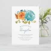 ティール(緑がかった色)バーントオレンジフローラ秋の結婚式披露宴 招待状 (スタンド正面)