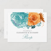 ティール（緑がかった色）バーントオレンジフローラ秋の結婚式Rsvp ポストカード (正面/裏面)