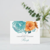 ティール（緑がかった色）バーントオレンジフローラ秋の結婚式Rsvp ポストカード (スタンド正面)