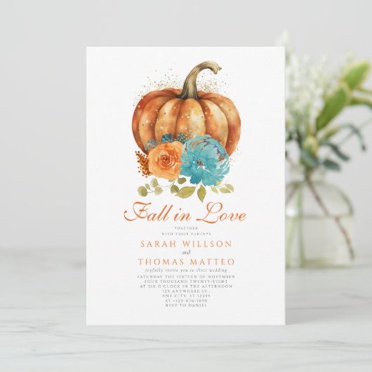 ティール（緑がかった色）バーントオレンジフローラ秋インラブフローラ 招待状 (スタンド正面)