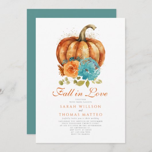 ティール（緑がかった色）バーントオレンジフローラ秋インラブフローラ 招待状 (正面/裏面)