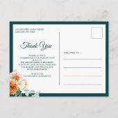ティール（緑がかった色）バーントオレンジフローラ秋結婚の感謝の気持ち ポストカード (裏面)