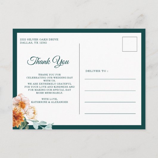 ティール（緑がかった色）バーントオレンジフローラ秋結婚の感謝の気持ち ポストカード (裏面)