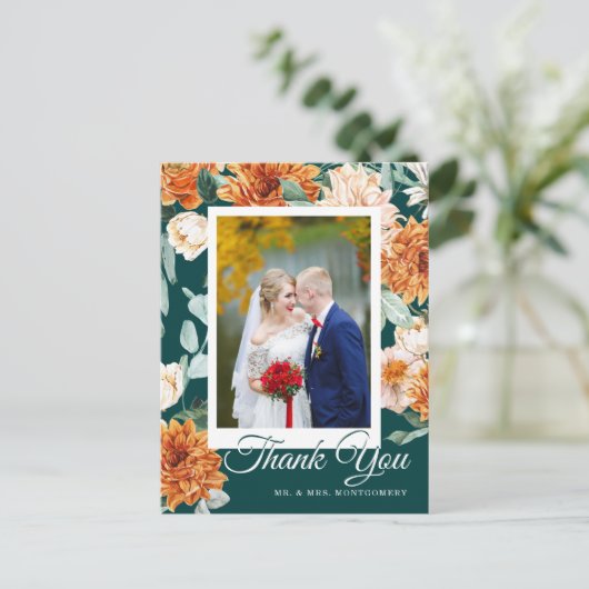 ティール（緑がかった色）バーントオレンジフローラ秋結婚の感謝の気持ち ポストカード (スタンド正面)