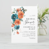 ティール(緑がかった色)バーントオレンジフローラ素朴ブライダルシャワー 招待状 (スタンド正面)