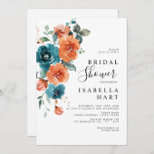 ティール(緑がかった色)バーントオレンジフローラ素朴ブライダルシャワー 招待状 (正面/裏面)