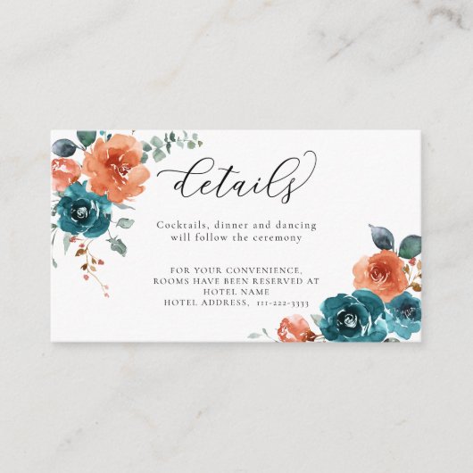 ティール(緑がかった色)バーントオレンジフローラ結婚ブケッツ詳細 エンクロージャーカード (正面)