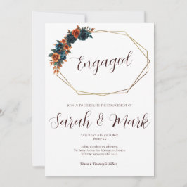 ティール（緑がかった色）バーントオレンジ婚約招待状テンプレート 招待状