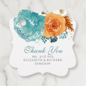 ティール（緑がかった色）バーントオレンジ秋フローラ結婚ズサンキュー フェイバータグ (正面)