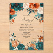 ティール（緑がかった色）、バーントオレンジ&シャンパンフローラ結婚ズ アクリル招待状 (正面)