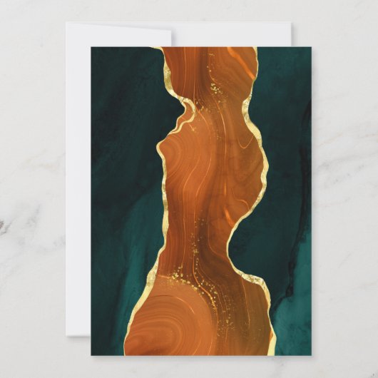 ティール（緑がかった色）、バーントオレンジ&金ゴールドアガテ結婚式招待状 招待状 (裏面)