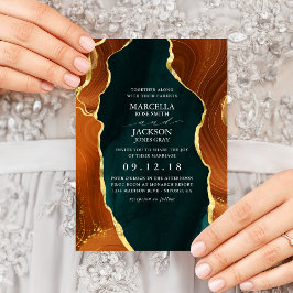 ティール(緑がかった色)、バーントオレンジ&金ゴールドアガテ結婚式招待状 招待状