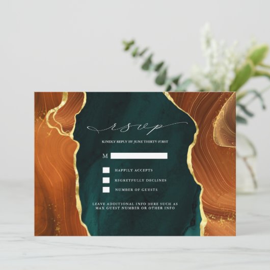 ティール(緑がかった色)、バーントオレンジ&金ゴールドアガートRSVP招待状 招待状 (スタンド正面)