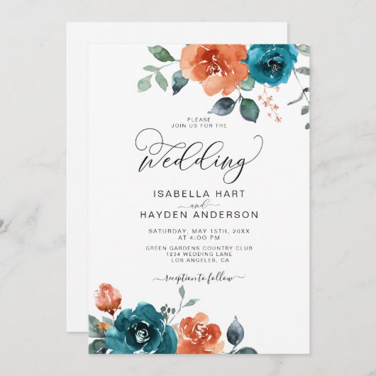 ティール（緑がかった色）バーンドオレンジボホフローラ水の色結婚の 招待状 (正面/裏面)