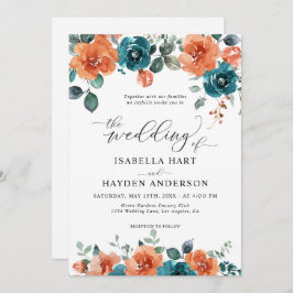ティール（緑がかった色）バーンドオレンジボホフローラ水の色結婚の 招待状