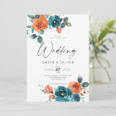 ティール（緑がかった色）バーンドオレンジラストオレンジ結婚フローラ 招待状 (スタンド正面)