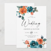 ティール（緑がかった色）バーンドオレンジラストオレンジ結婚フローラ 招待状 (正面/裏面)