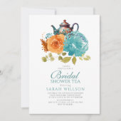 ティール（緑がかった色）バーンドオレンジ秋フローラブライダルシャワー茶 招待状 (正面)