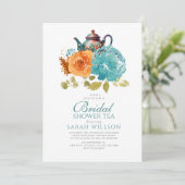 ティール（緑がかった色）バーンドオレンジ秋フローラブライダルシャワー茶 招待状 (スタンド正面)