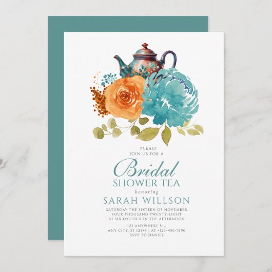 ティール（緑がかった色）バーンドオレンジ秋フローラブライダルシャワー茶 招待状 (正面/裏面)