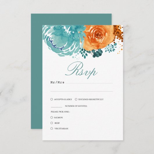 ティール（緑がかった色）バーンドオレンジ秋フローラ結婚ズ 出欠カード (正面/裏面)