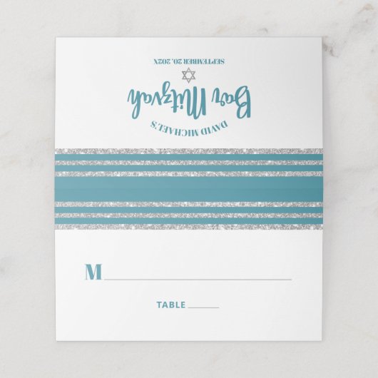 ティール（緑がかった色）バー（ユダヤ教の）バル・ミツバーシルバータルライトスクリプモダント プレイスカード (外部開封)