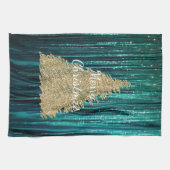 ティール(緑がかった色)パイングリーンティンゼル金ゴールドクリスマスツリー キッチンタオル (横)