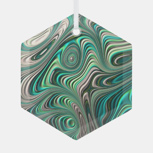 ティール（緑がかった色）パウアアワロンシェルフラクタルフラクタル抽象芸術パターン ガラスオーナメント (正面)