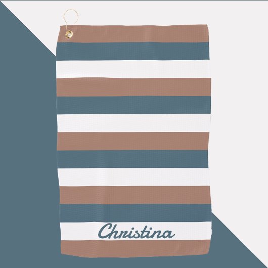 ティール（緑がかった色）パタストライプーンの個人用設定ブラウン白 ゴルフタオル